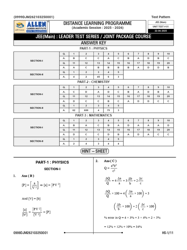 JEE Main 2025 Unit Test Answer Key | PDF | Chemistry