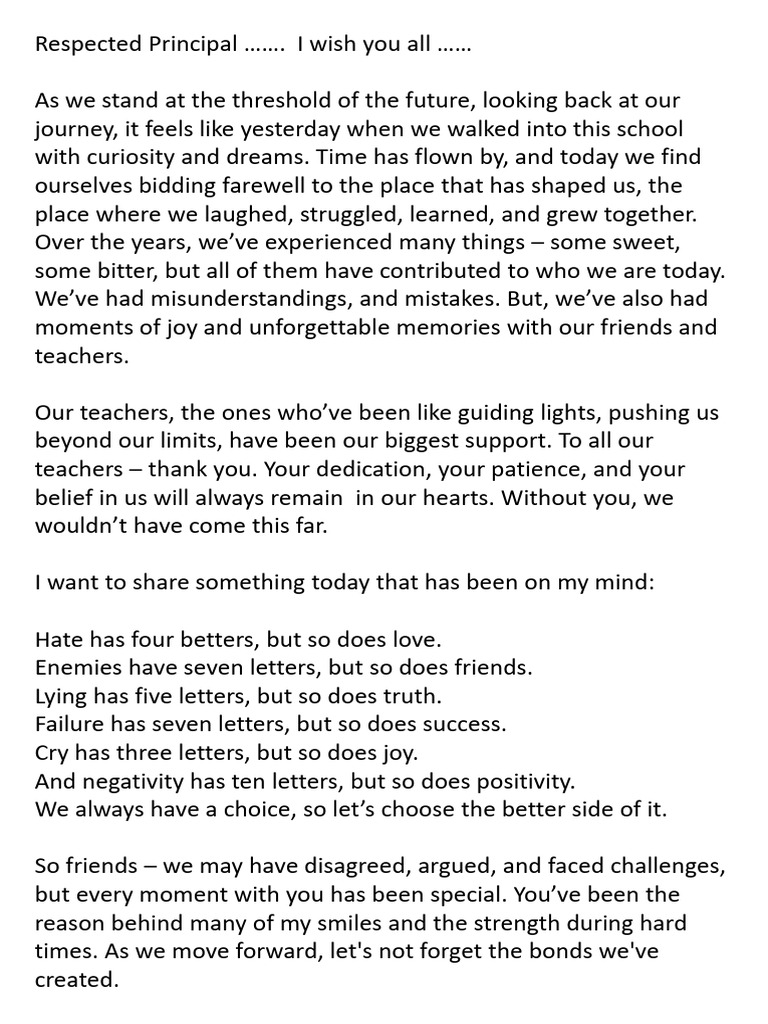 Student Farewell Speech Highlights | PDF