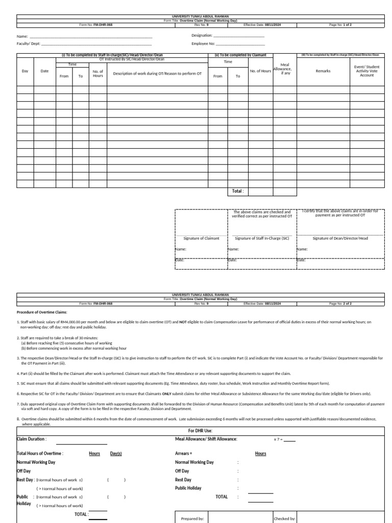 Overtime Claim Procedure Form | PDF | Overtime | Labor