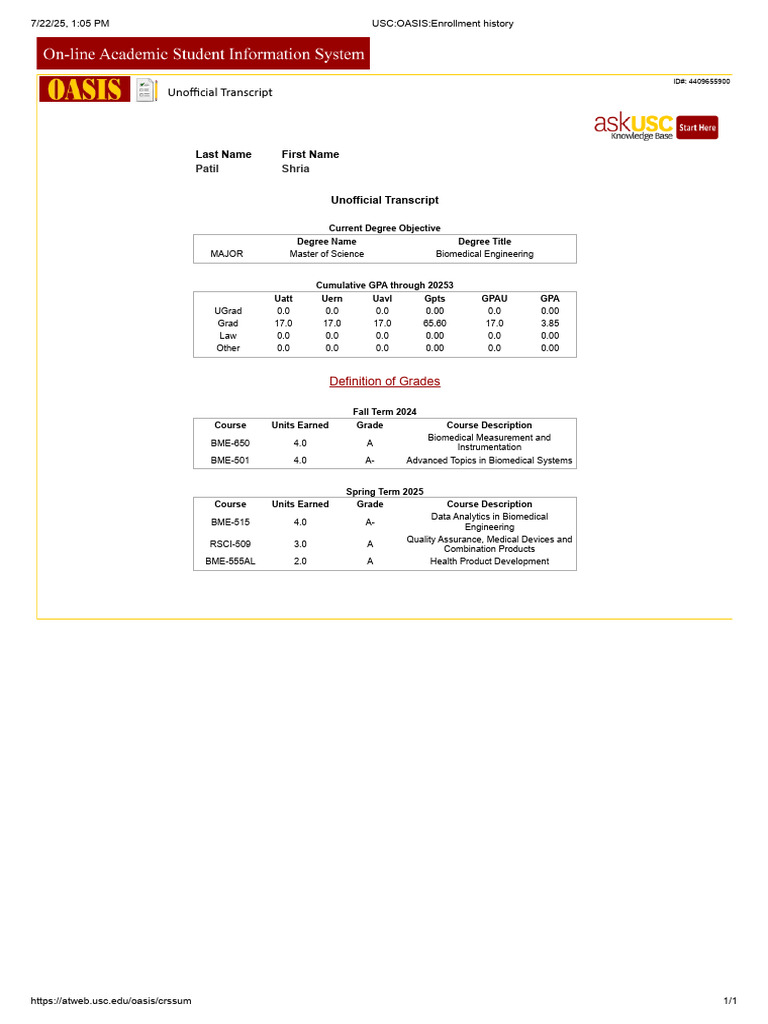 USC Unofficial Transcript for Shria Patil | PDF