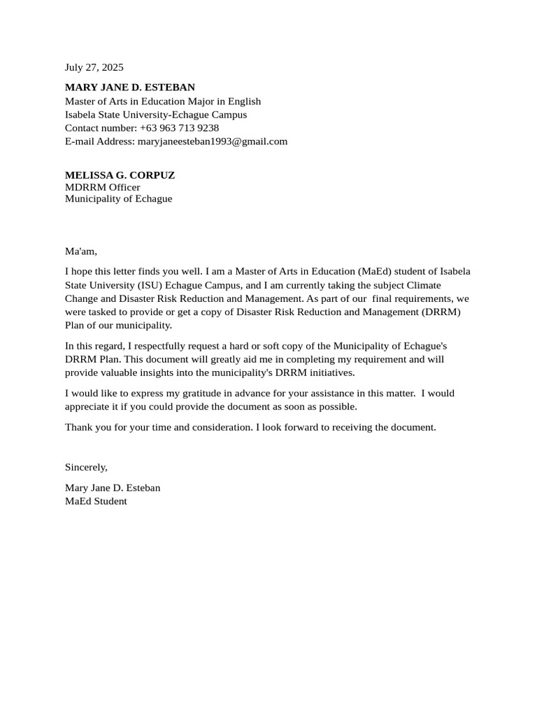 Request Letter-Drrm Plan | PDF
