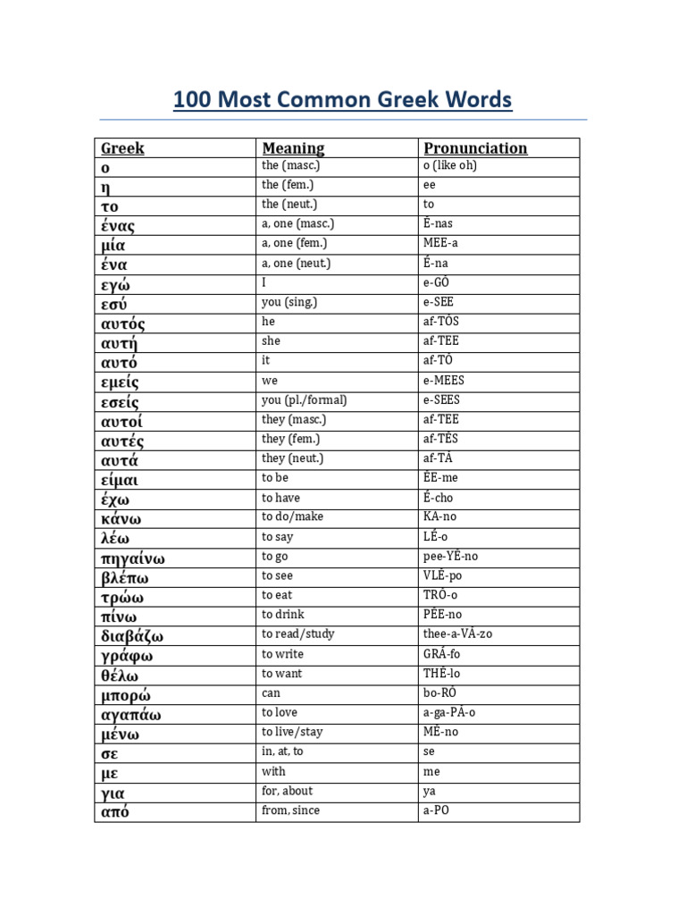 Greek 100 Most Used Words | PDF