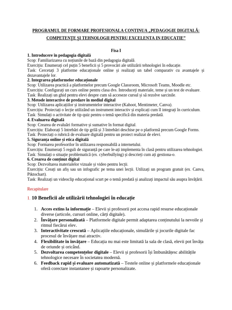 Programul de Formare Profesionala Continua Pedagogie Digitala - Fisa I ...