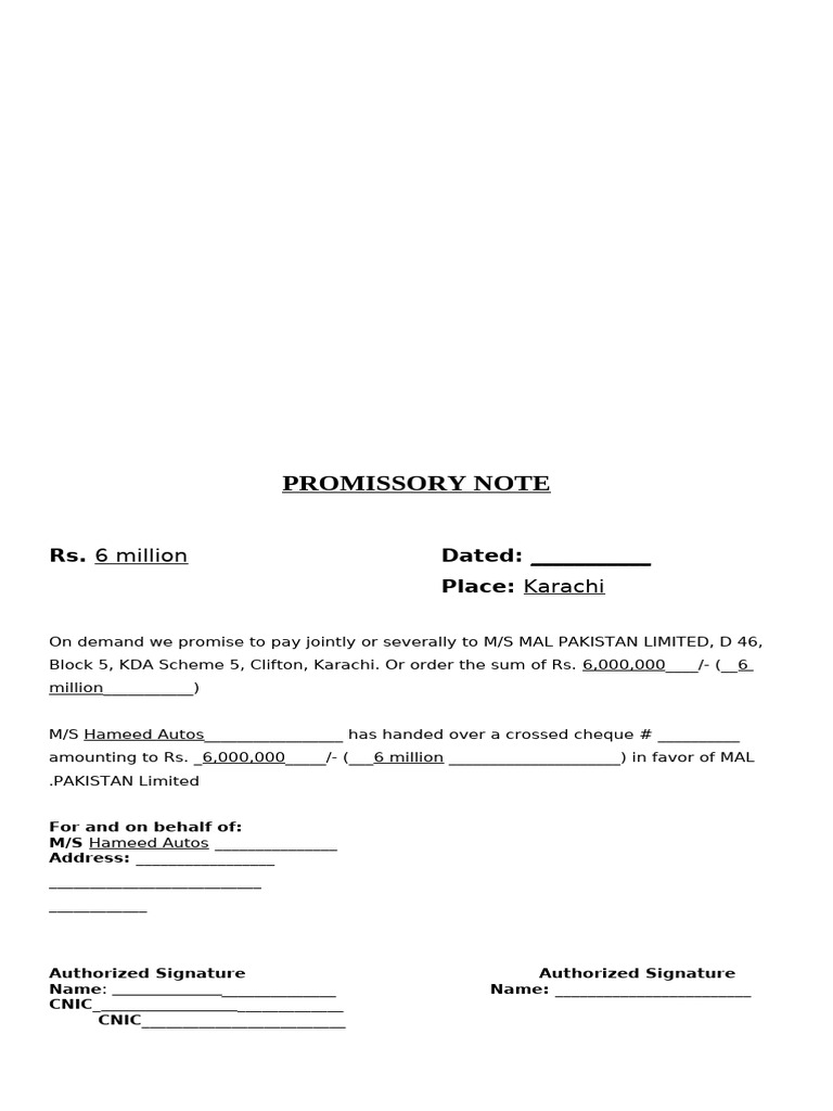 Hameed Autos Promissory Note | PDF