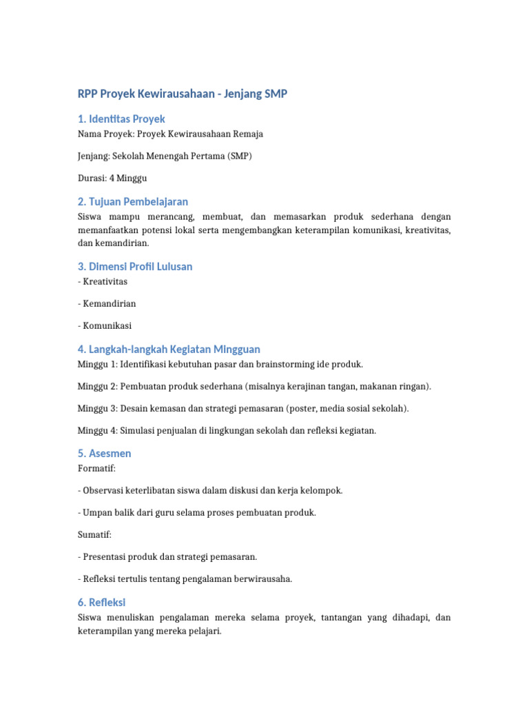 RPP Proyek Kewirausahaan SMP | PDF