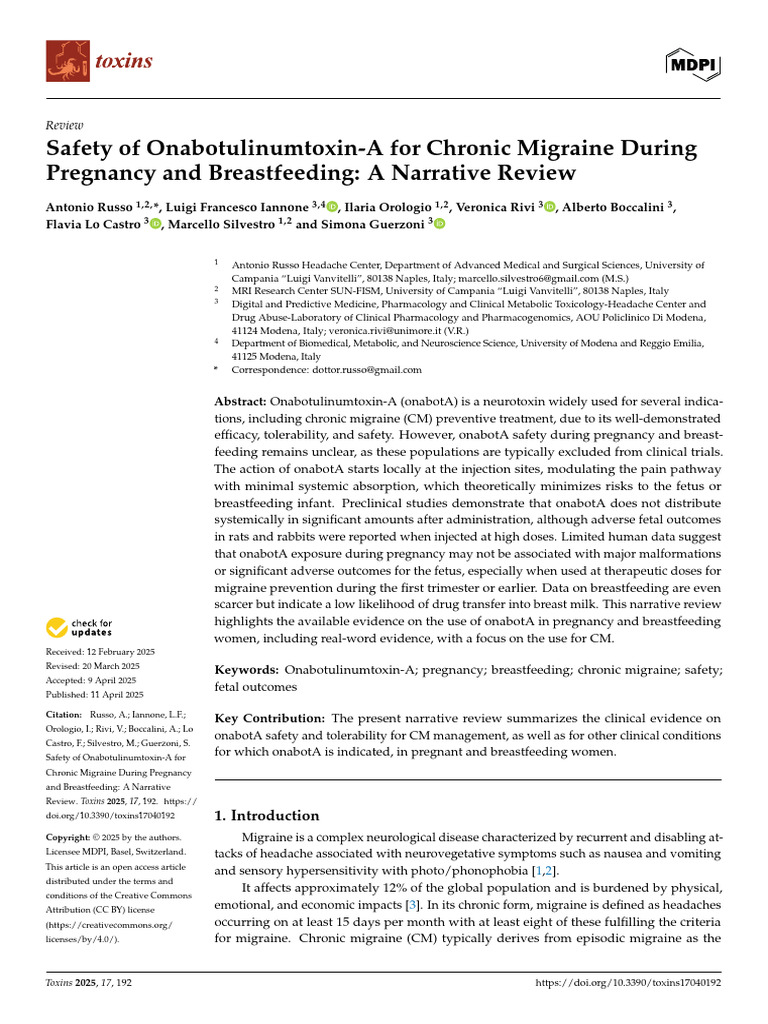 Safety of Onabotulinumtoxin-A For Chronic Migraine During Pregnancy and ...