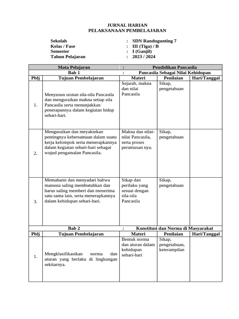Jurnal Harian Kelas 3 Kurikulum Merdeka | PDF