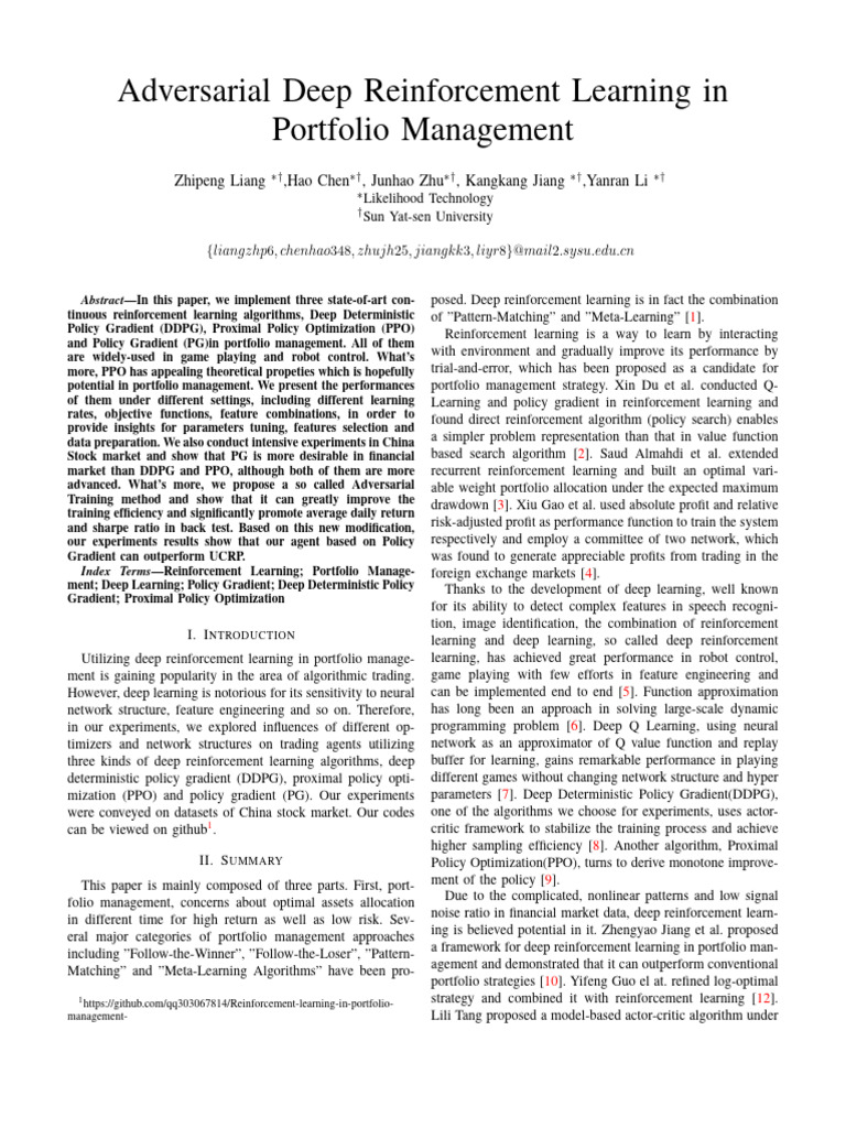 Adversarial Deep Reinforcement Learning in Portfolio Management | PDF ...