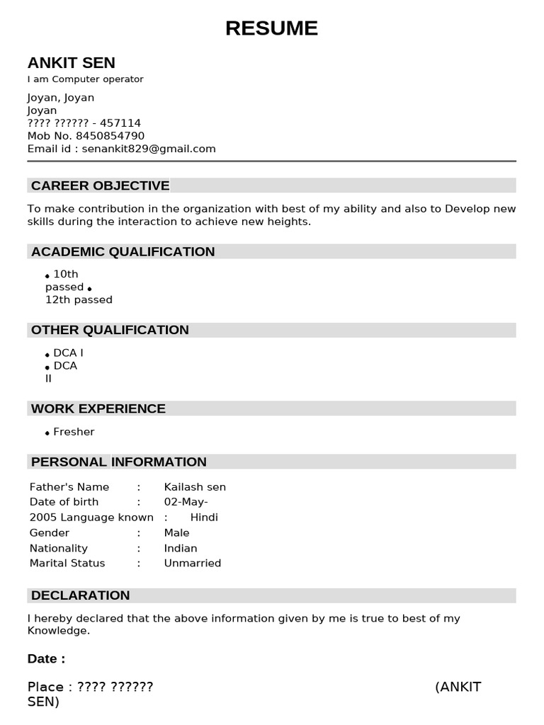 Resume of Ankit Sen - Computer Operator | PDF