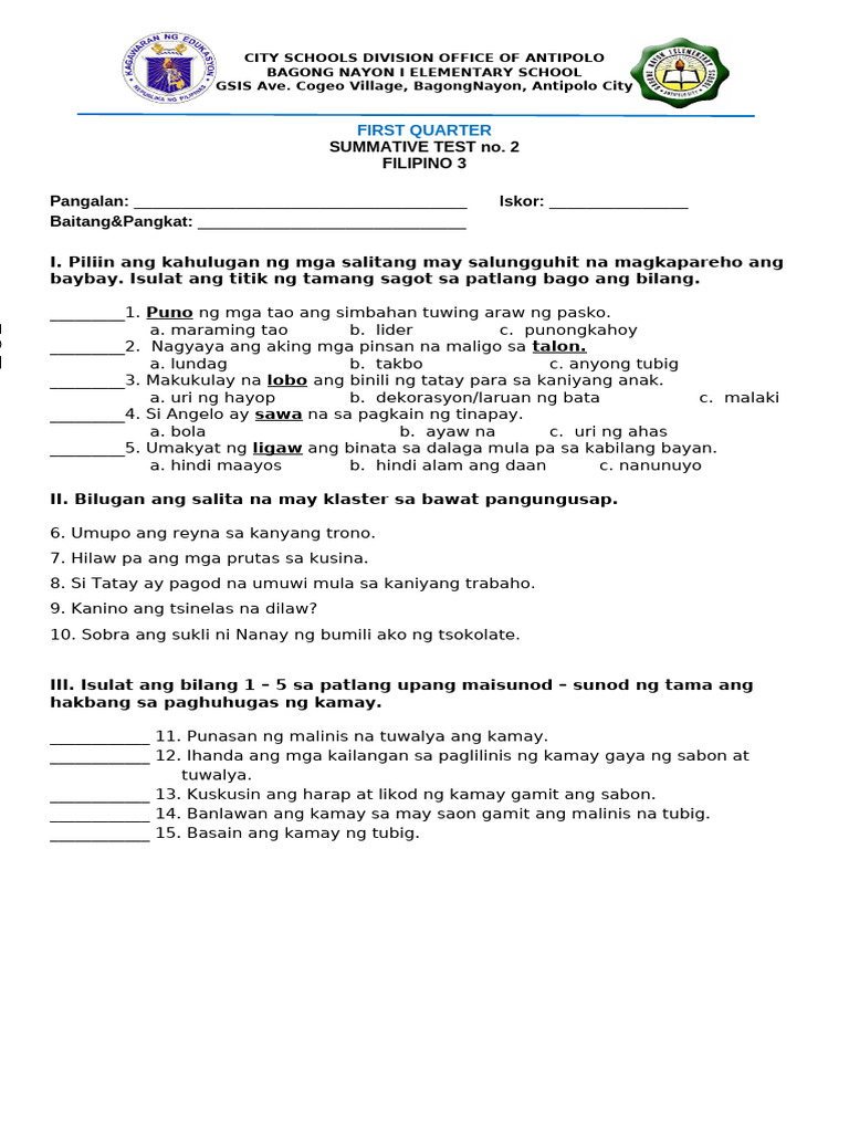 Q1 Summative 2 Filipino | PDF