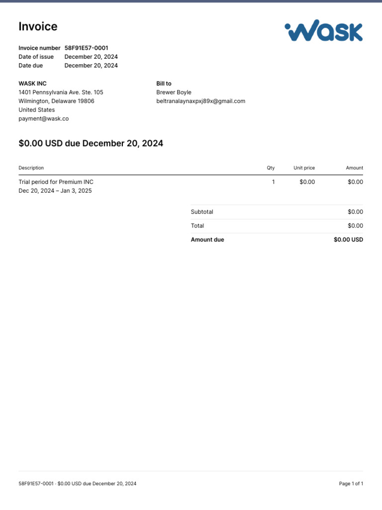 WASK Inc. Invoice - $0.00 Due | PDF