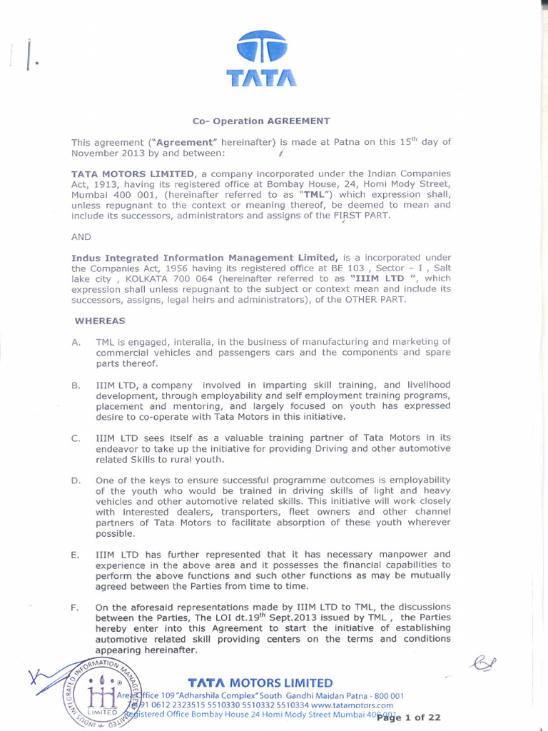 Tata Motors Agreement | PDF