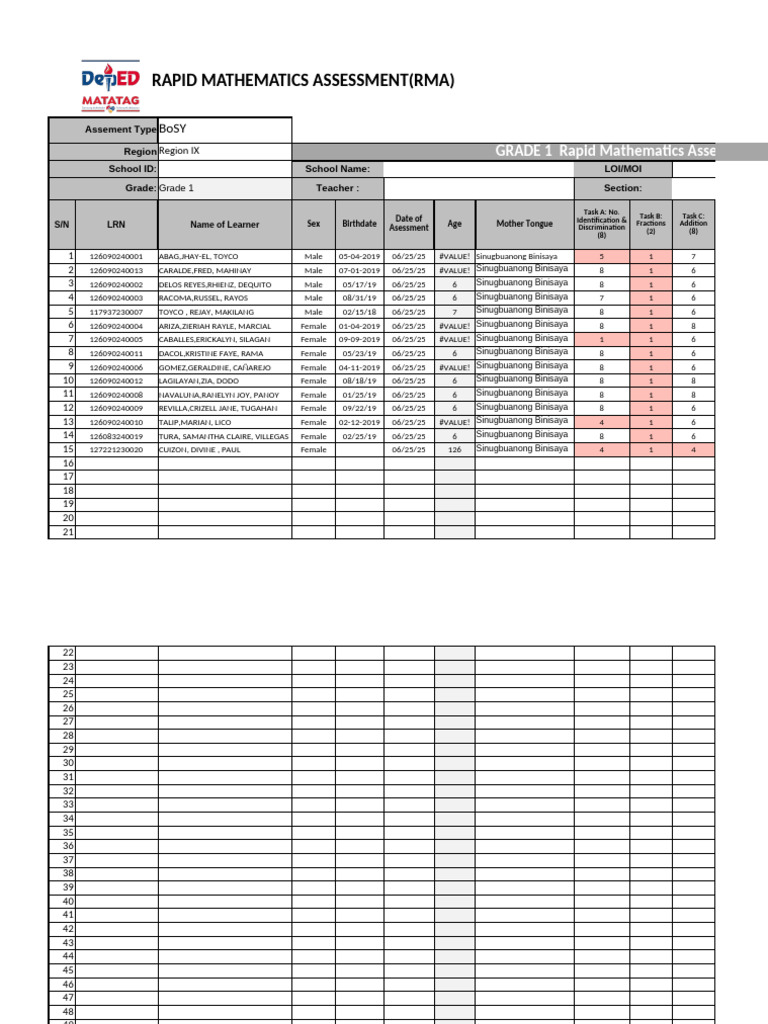 Grade 1 Rapid Math Assessment Scoresheet | PDF