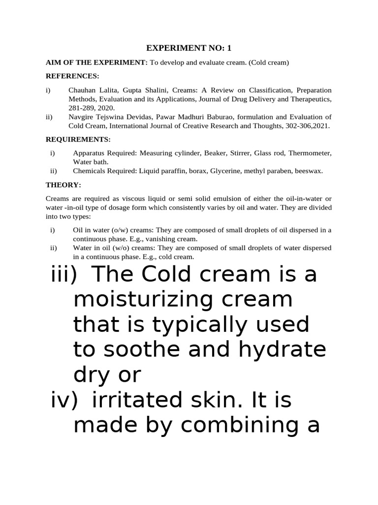 Cold Cream Formulation and Evaluation | PDF | Emulsion | Phase (Matter)
