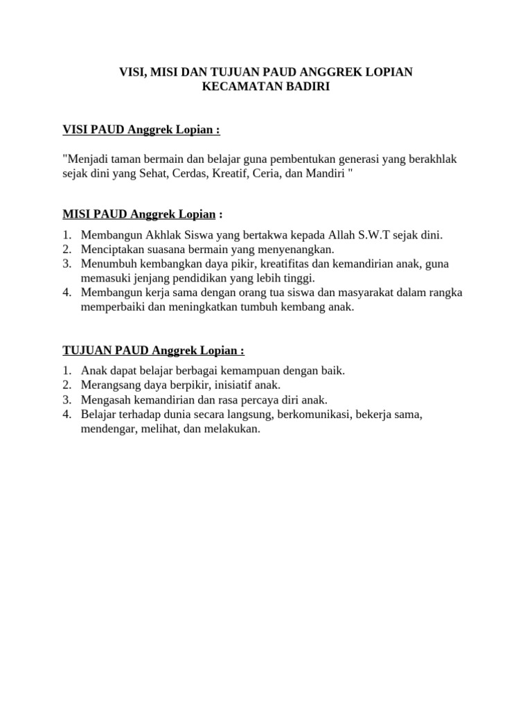 Visi Dan Misi Paud Anggrek Lopian | PDF