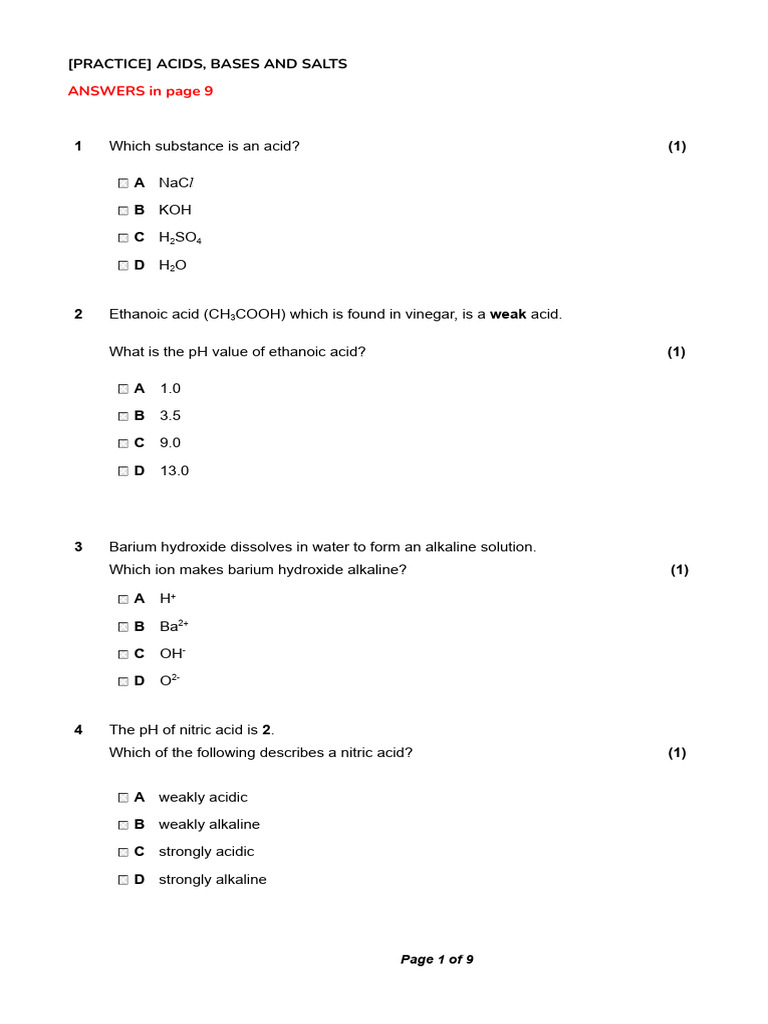 Class 7 Acids, Bases, and Salts Worksheet | PDF | Hydroxide | Acid