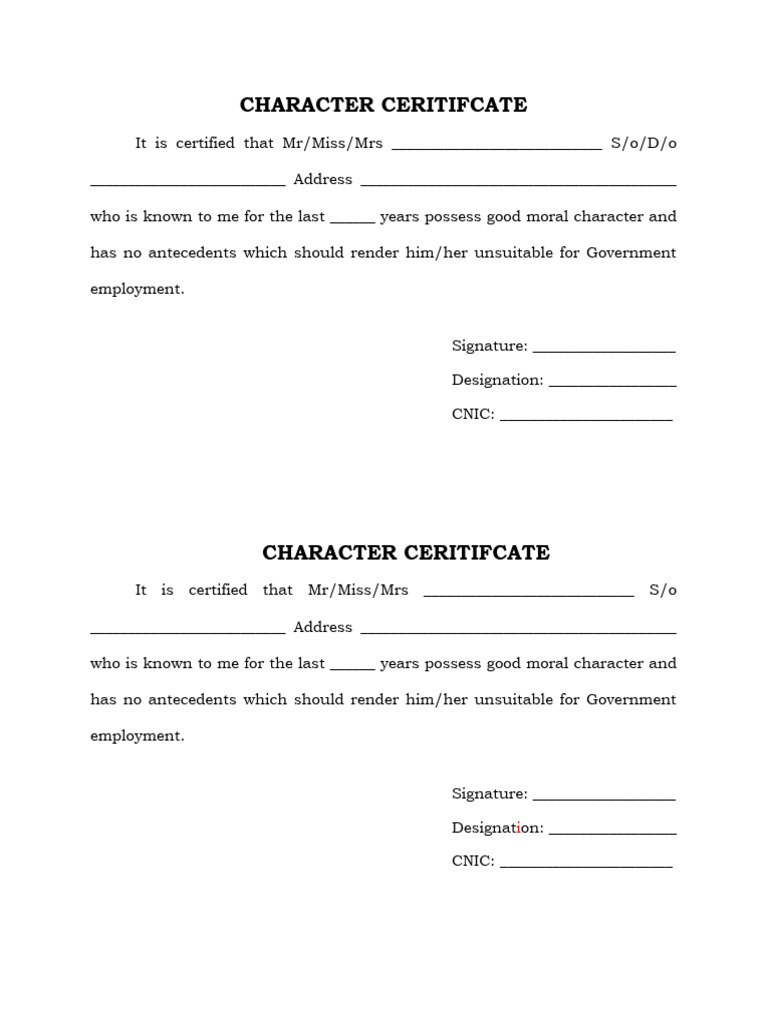Character Certificate Template | PDF