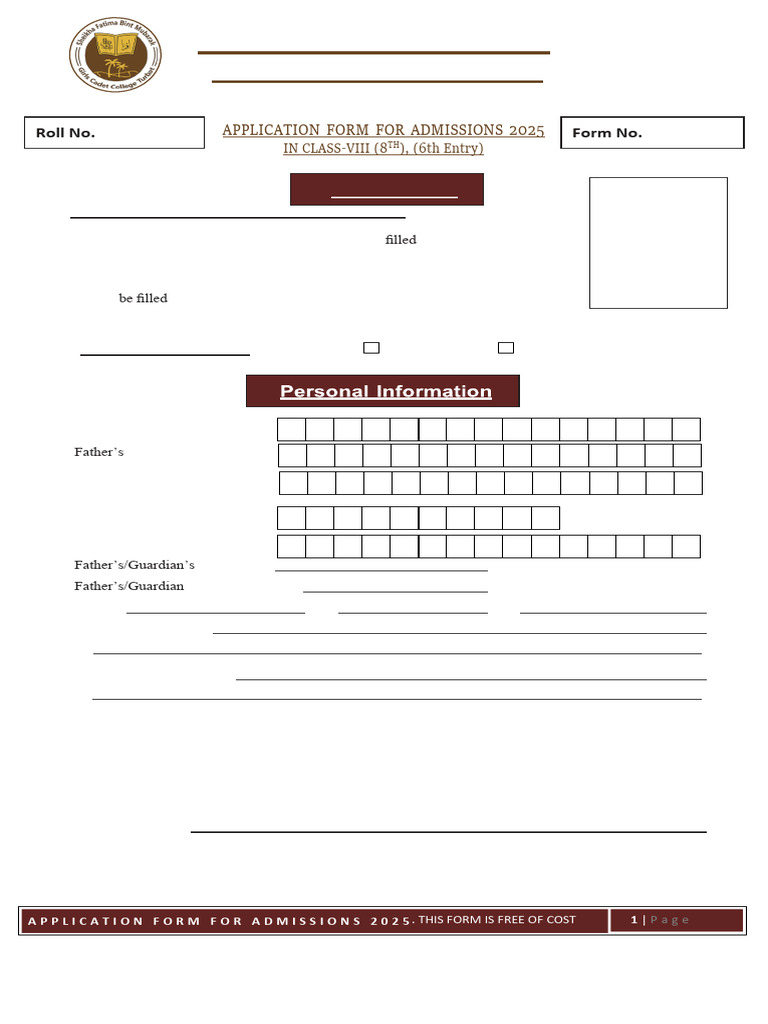 Admission Form for Girls Cadet College 2025 | PDF