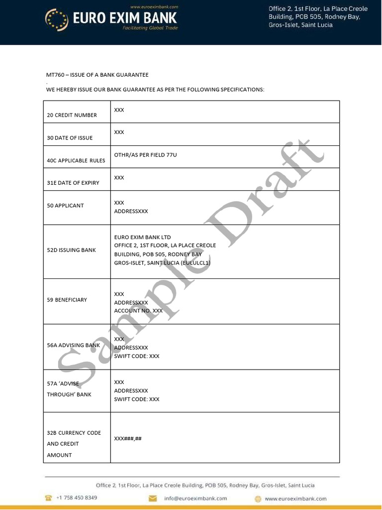 MT760 Bank Guarantee Issuance Details | PDF | Private Law | Business Law