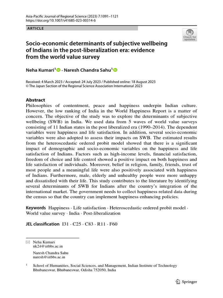 Determinants of Wellbeing in India | PDF | Happiness | Well Being