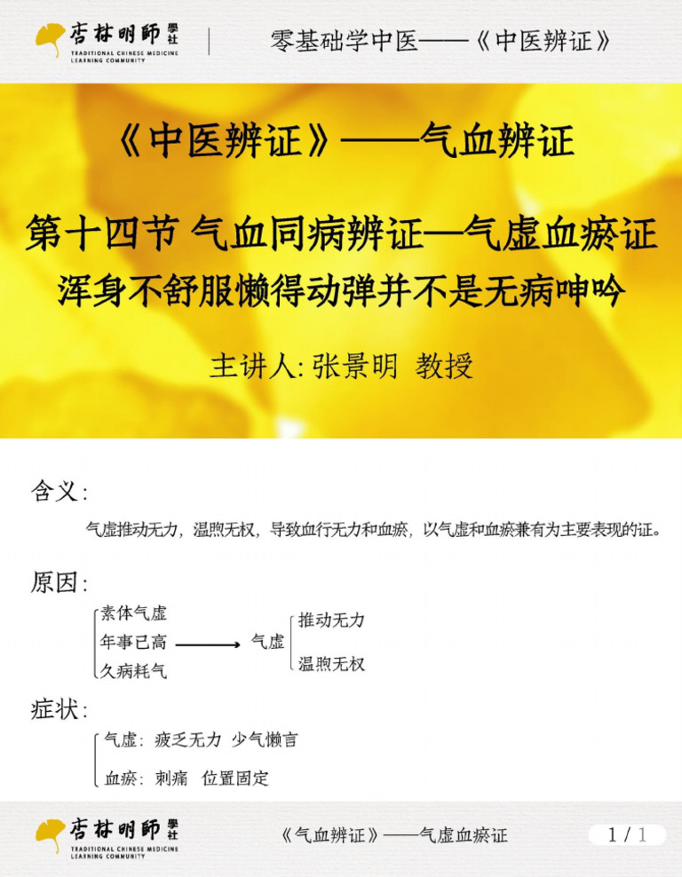 14 《气血辨证》第十四节：气血同病-气虚血瘀证 混身不舒服懒得动弹并不是无病呻吟 | PDF