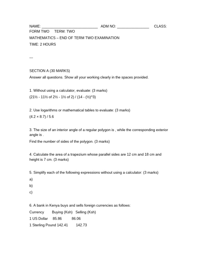 Maths Exam Form2 Term2 | PDF