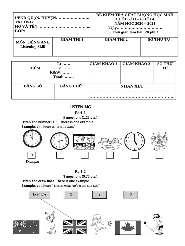 Listening Grade 4 Smart Start HK II TEST 1 | PDF