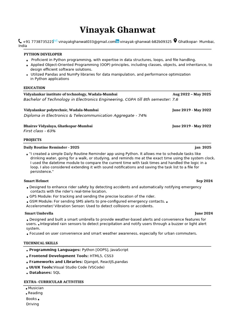 Python Developer Resume - Vinayak Ghanwat | PDF | Object Oriented ...