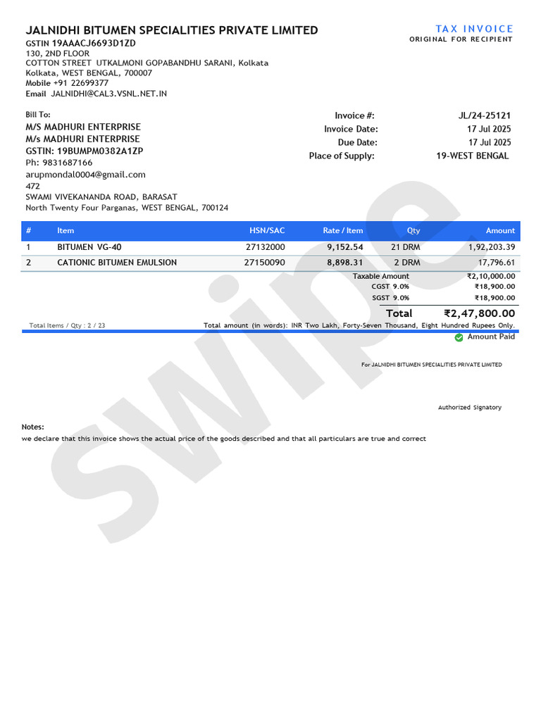 Tax Invoice for Bitumen Purchase | PDF
