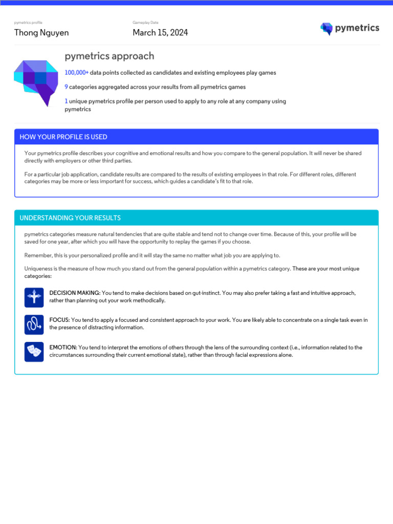 Pymetrics Profile Insights and Analysis | PDF | Risk | Emotions