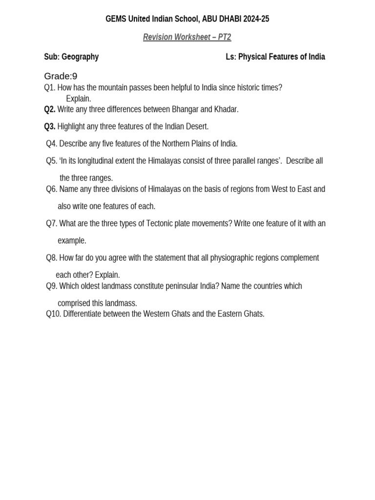 Physical Features of India Worksheet | PDF