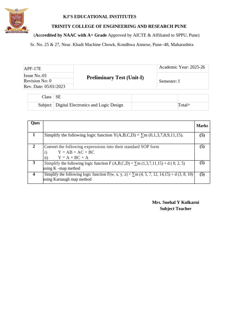 Digital Electronics Test - Semester I | PDF