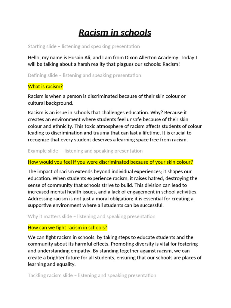 Combating Racism in Schools: A Guide | PDF | Racism | Discrimination ...
