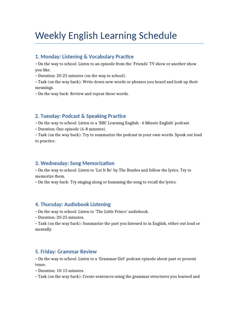 Weekly English Learning Tasks Schedule | PDF