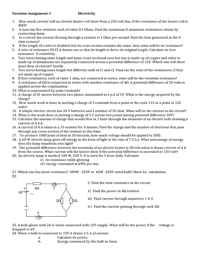 Electricity Vacation Assignment Questions | PDF | Voltage | Electric ...