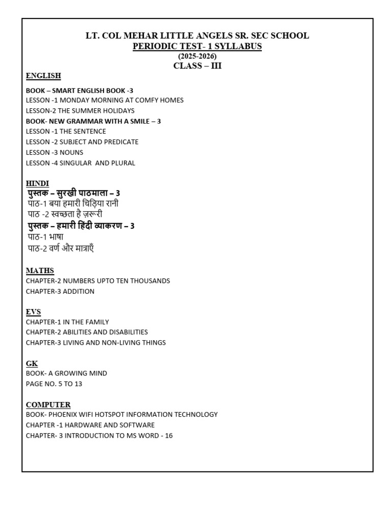 Class 3 Syllabus 2025-2026 Overview | PDF