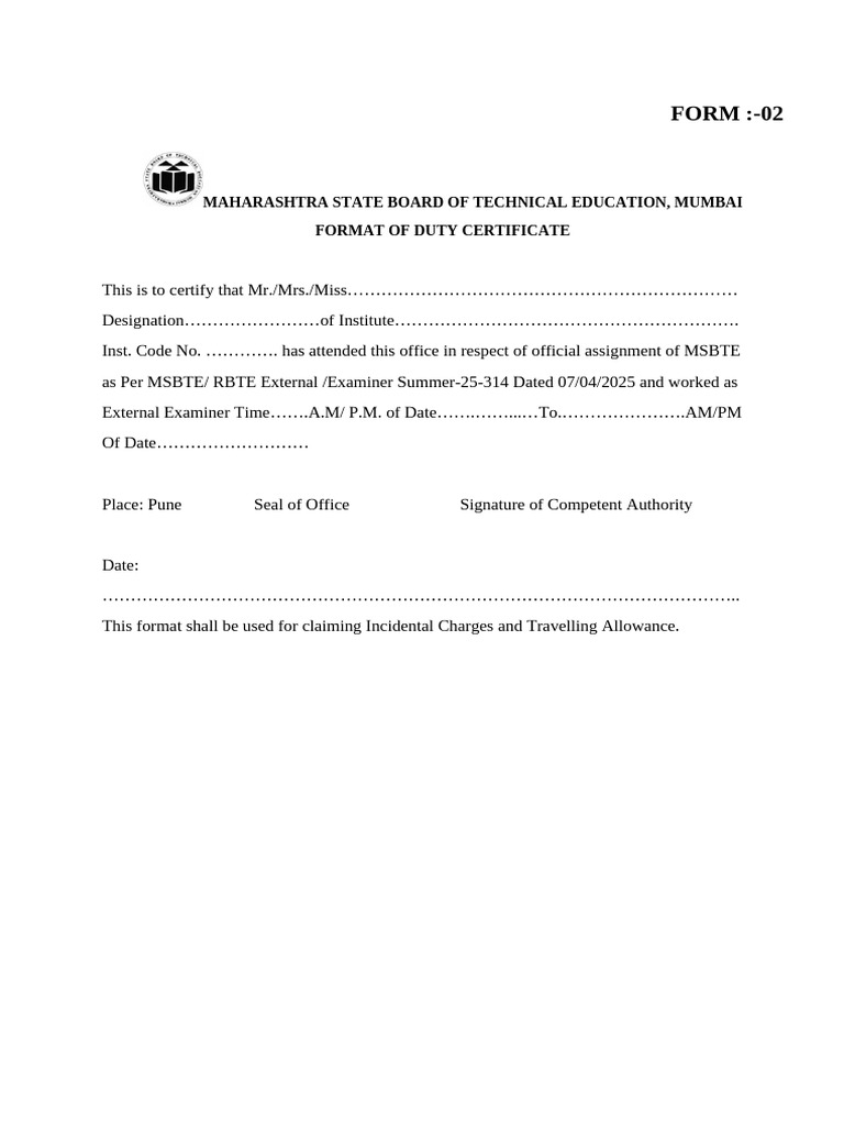MSBTE Duty Certificate Format | PDF