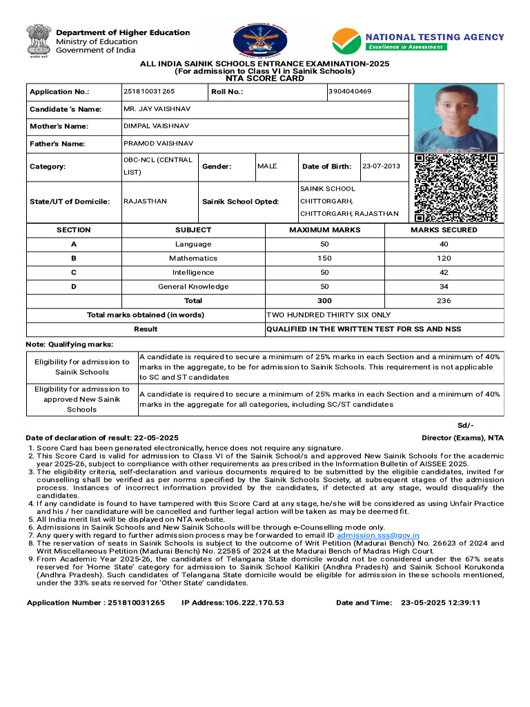 All India Sainik Schools Entrance Exam - Aissee - 2025 - India | PDF