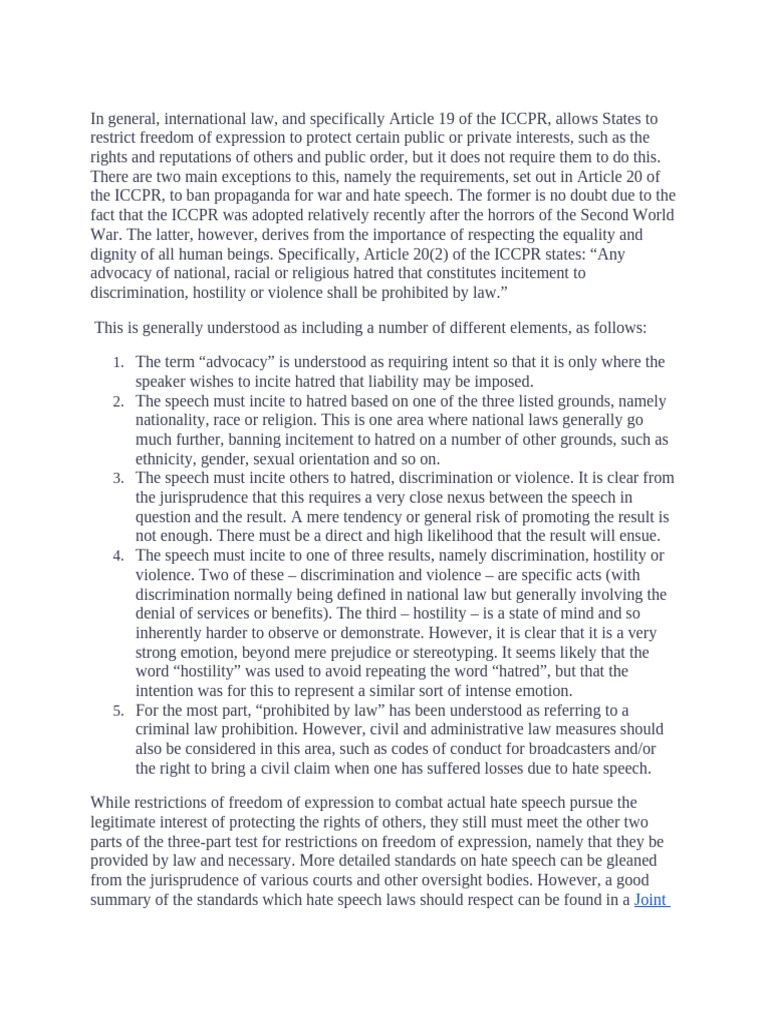 ICCPR Hate Speech Regulations Explained | PDF | Freedom Of Speech | Hatred