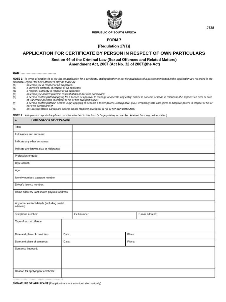 J738 Application for Offender Certificate | PDF | License | Criminal ...