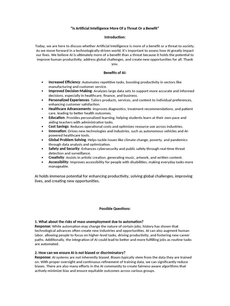 AI: Benefits vs. Threats Explained | PDF | Artificial Intelligence ...