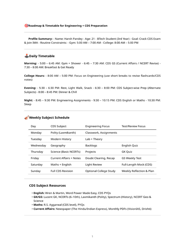 CDS Exam Prep Timetable for Engineers | PDF