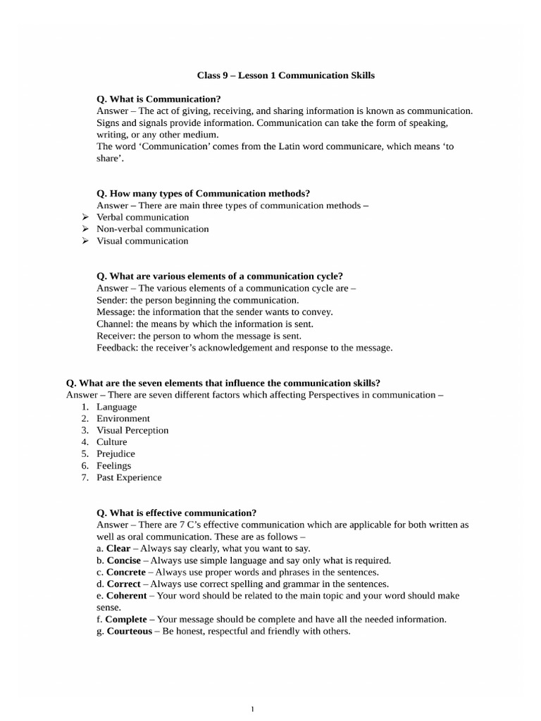 Class 9 Lesson 1 Communication Skills | PDF