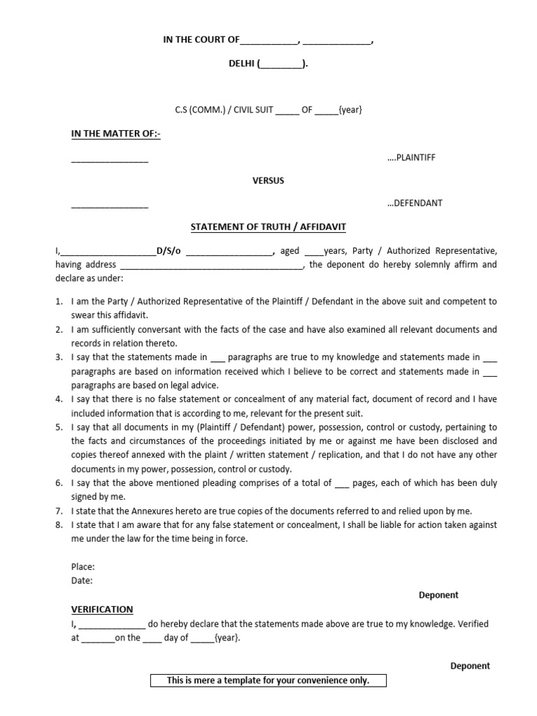Statement of Truth Template for Court | PDF | Affidavit | Common Law
