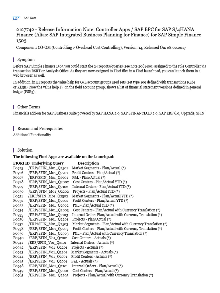SAP BPC Controller Apps Release Note | PDF | Enterprise Resource ...