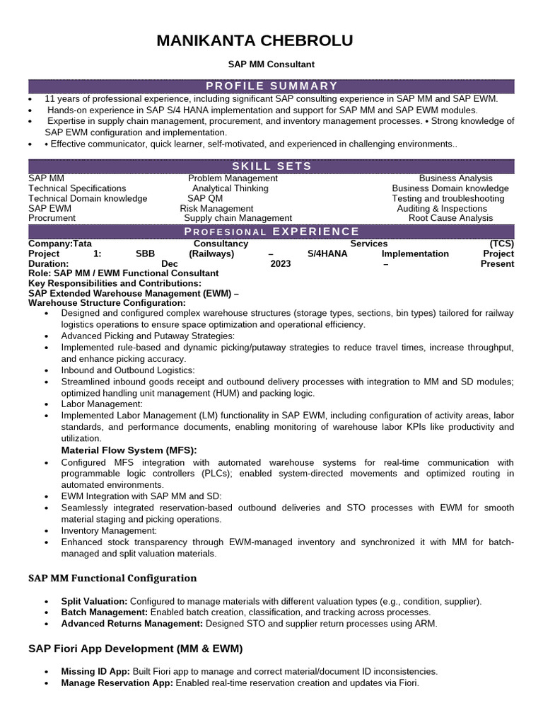 SAP EWM Consultant with 11 Years Experience | PDF | Logistics | Warehouse