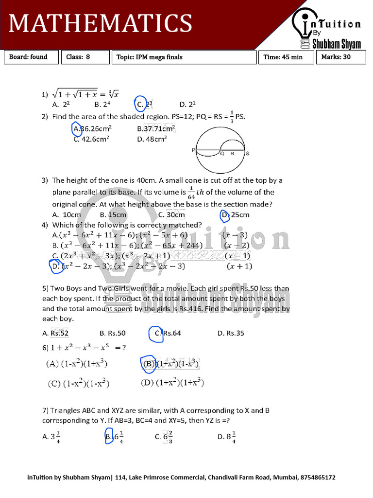 Class 8 Mathematics IPM Mega Finals | PDF