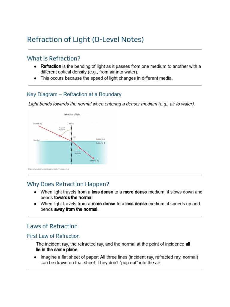 O-Level Notes on Light Refraction | PDF | Refraction | Light