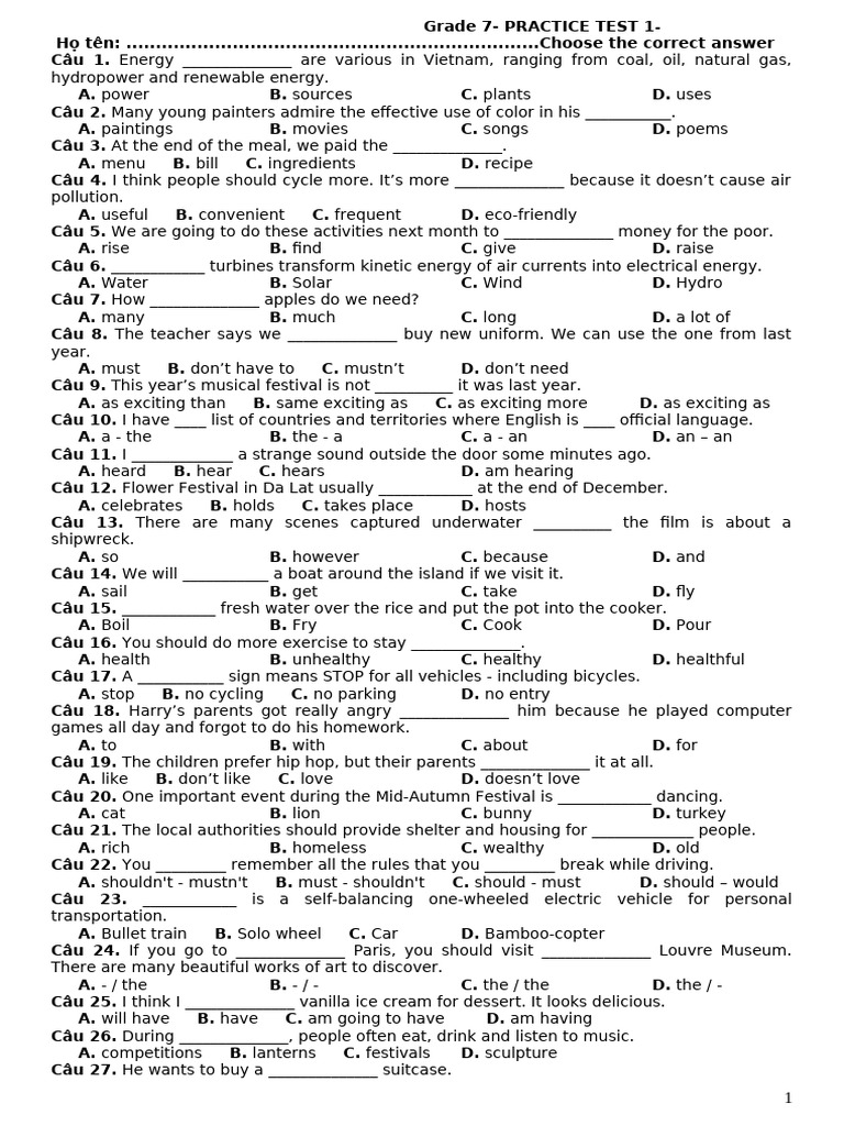 Grade 7 Practice Test Questions | PDF
