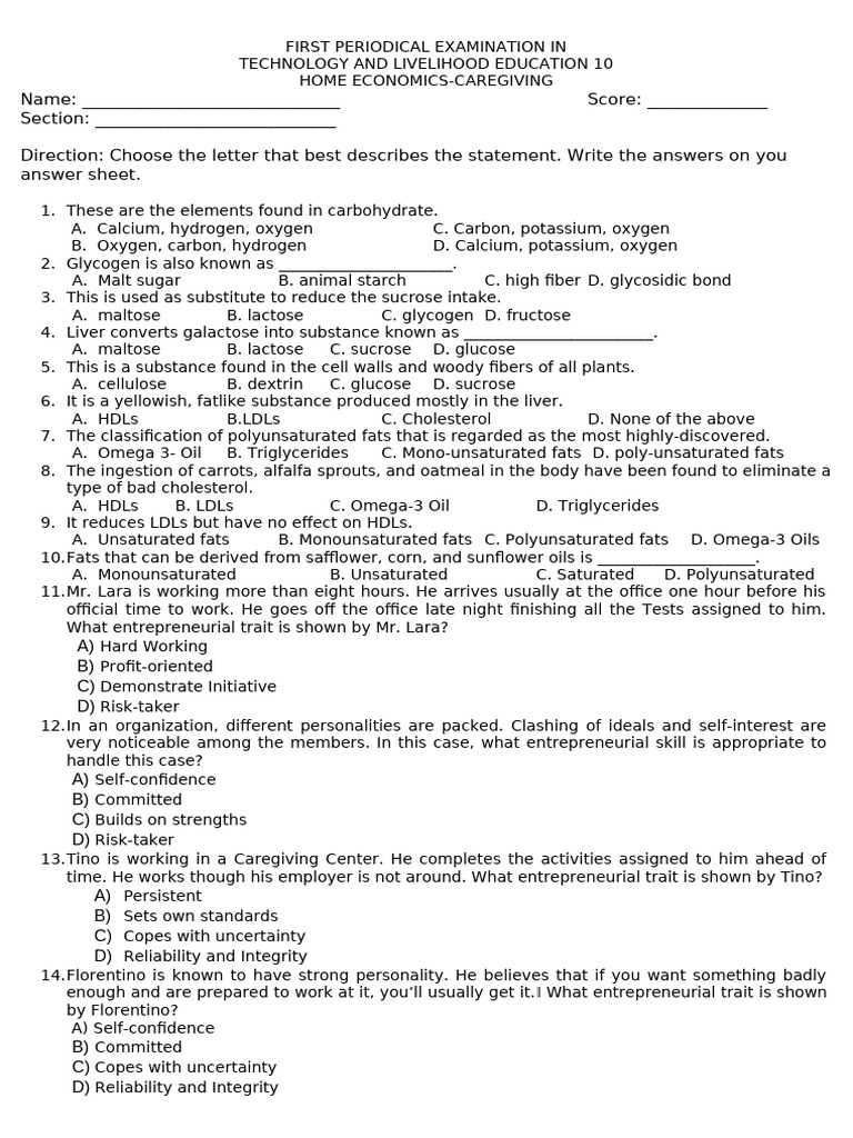 First Periodical Examination in Tle 10 | PDF | Fat | Polyunsaturated Fat